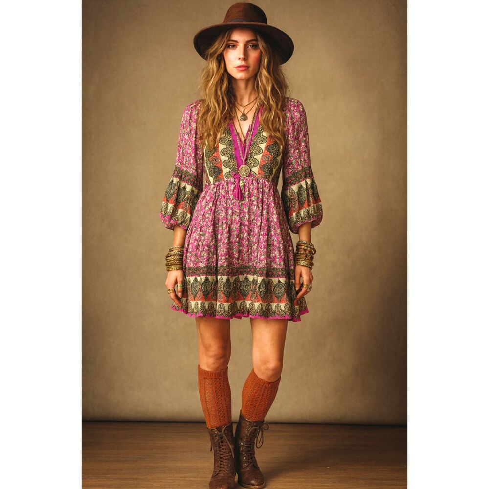 Umgee Boho Floral Mini Dress Pink Hippy Retro Stevie Nicks Vibes S M L